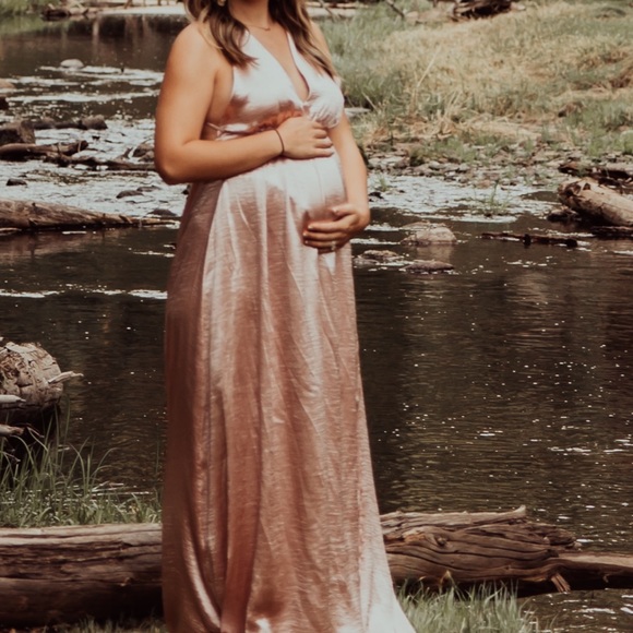 Metallic Pink Maxi Halter Formal Dress - Picture 2 of 6